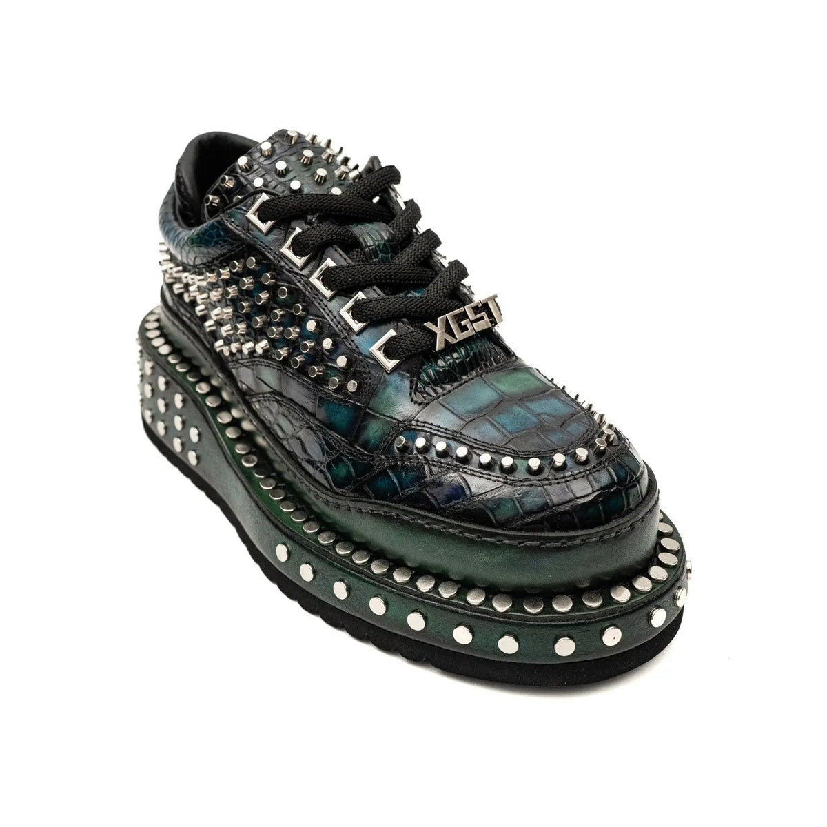 Green Studded Crocodile Leather Sneakers