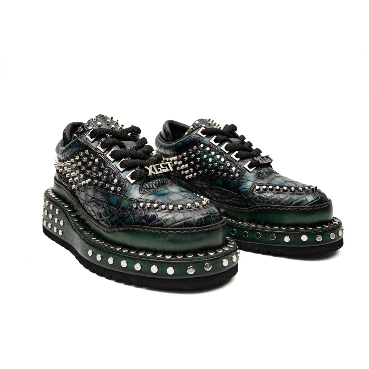 Green Studded Crocodile Leather Sneakers