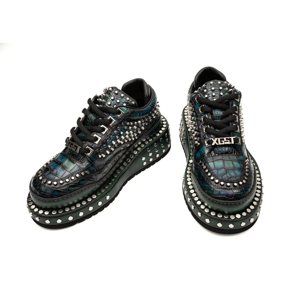Green Studded Crocodile Leather Sneakers