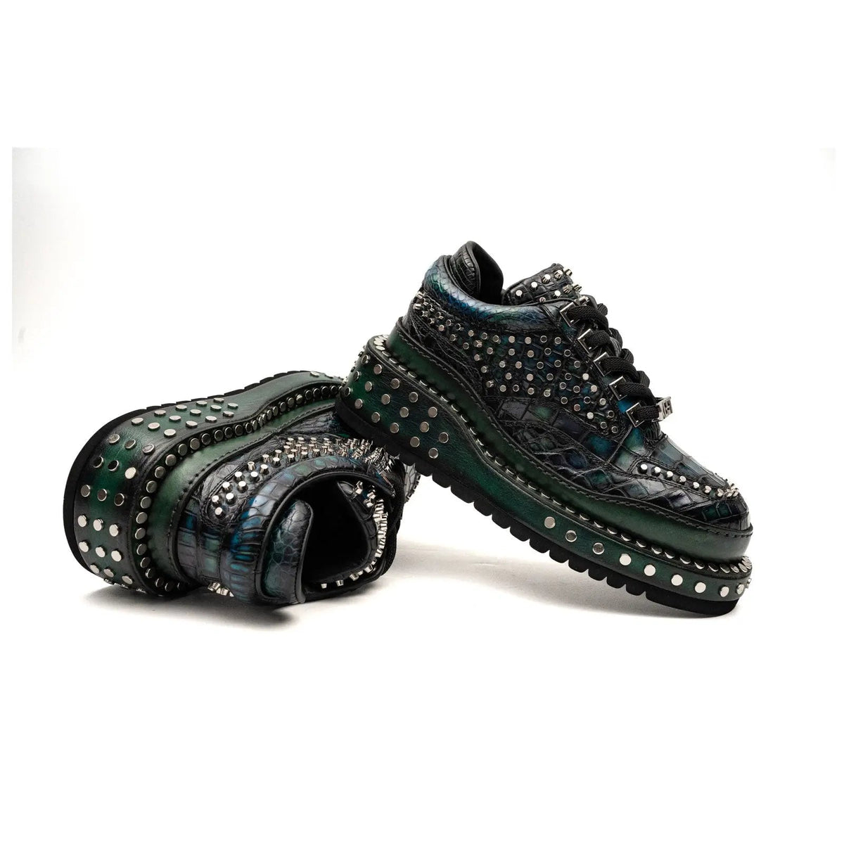Green Studded Crocodile Leather Sneakers