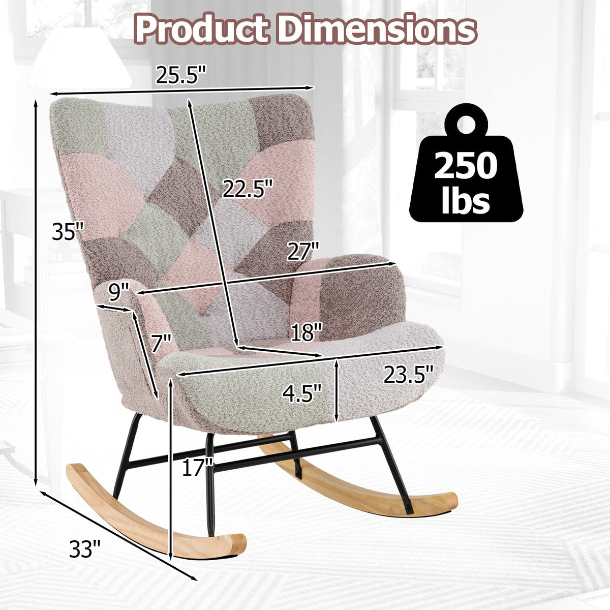 Nursery Rocking Chair with Ergonomic Armrests and High Backrest for Living Room