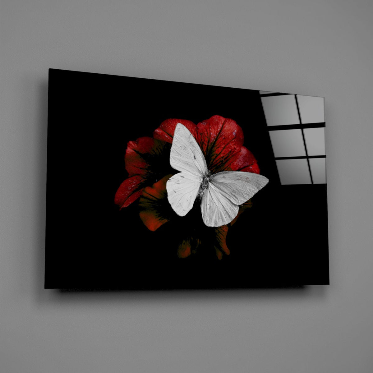 White Butterfly on Red Bloom Glass Wall Art