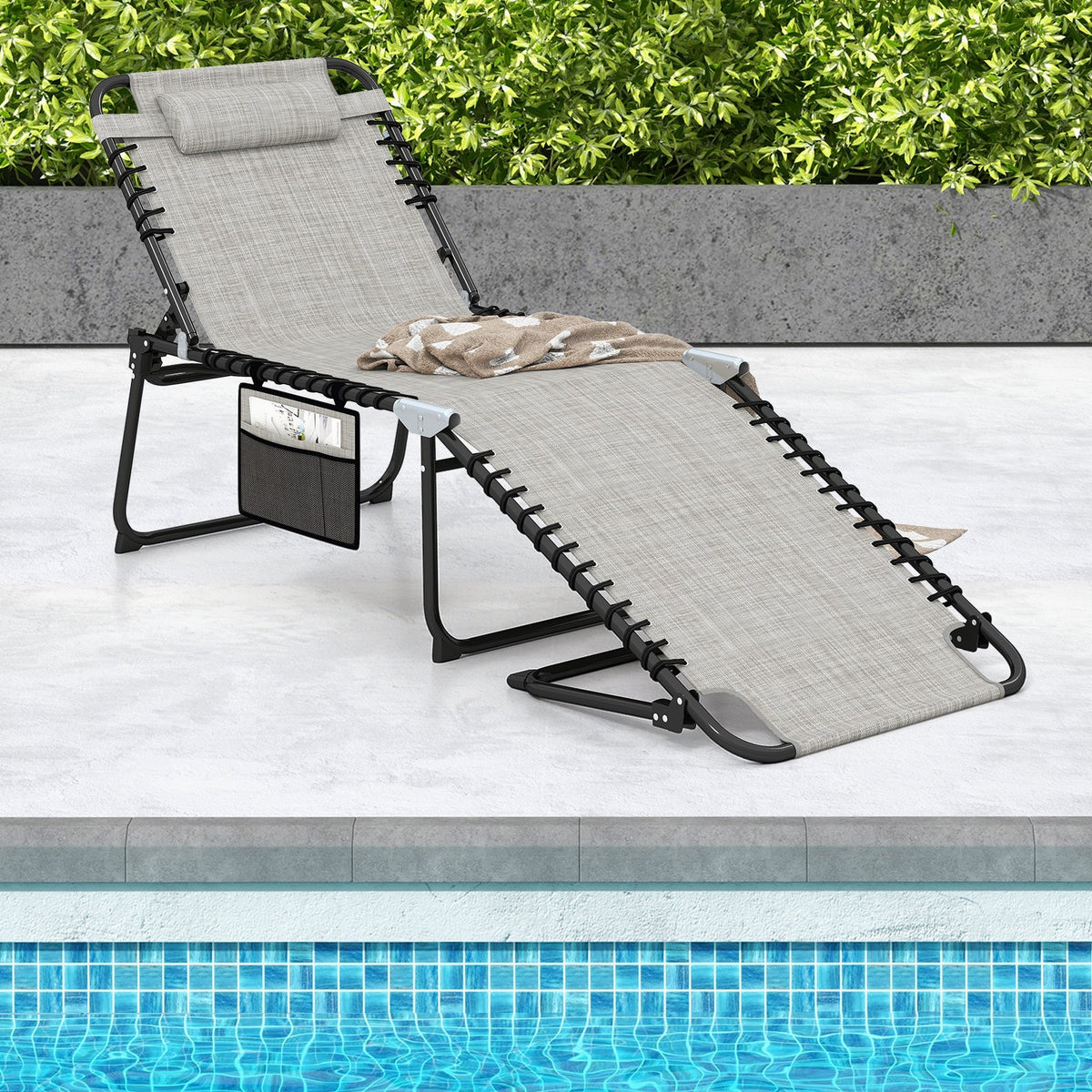 4 Position Folding Lounge Chaise with Adjustable Backrest and Footrest