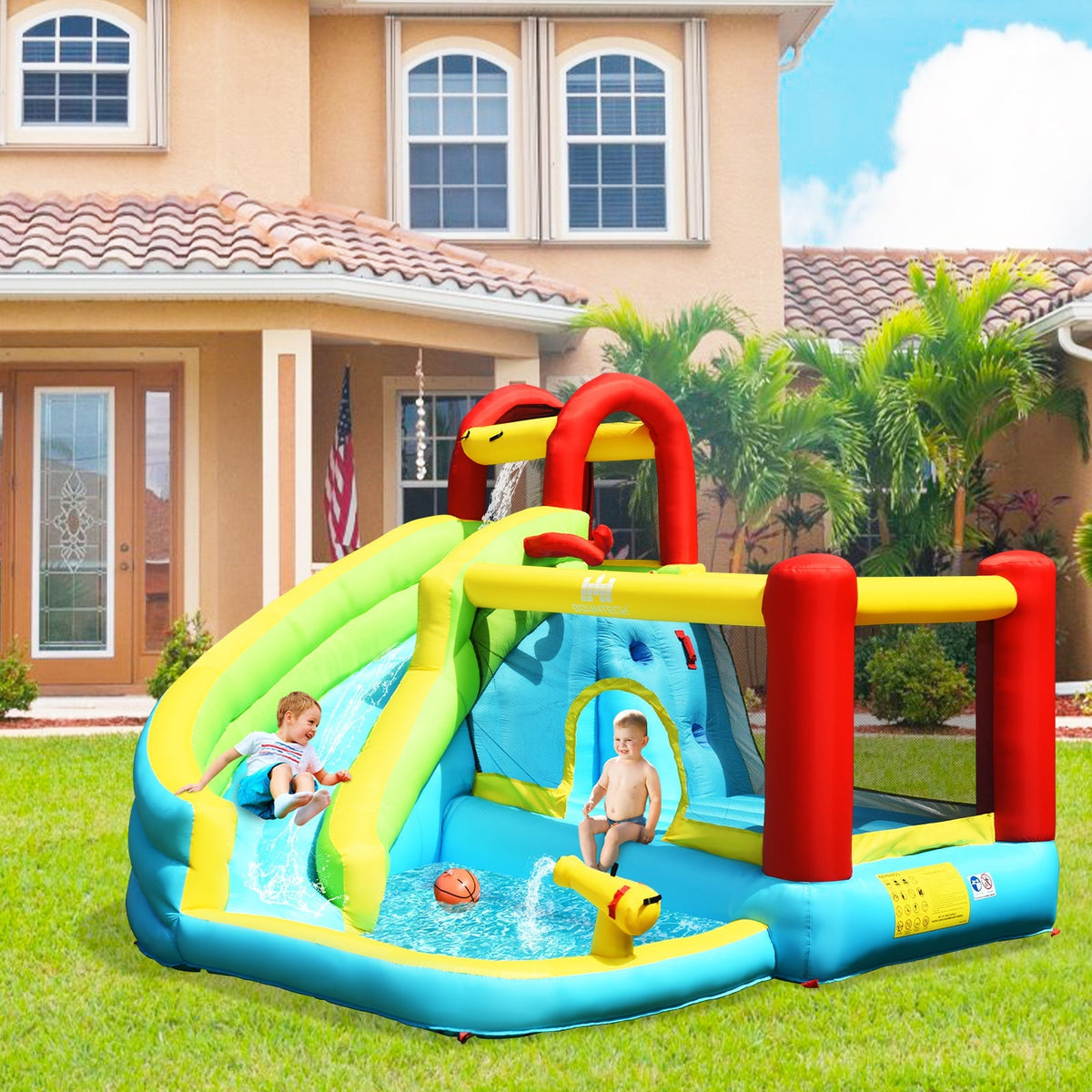 Casa hinchable inflable 6 en 1 con muro de escalada y canasta de baloncesto con soplador
