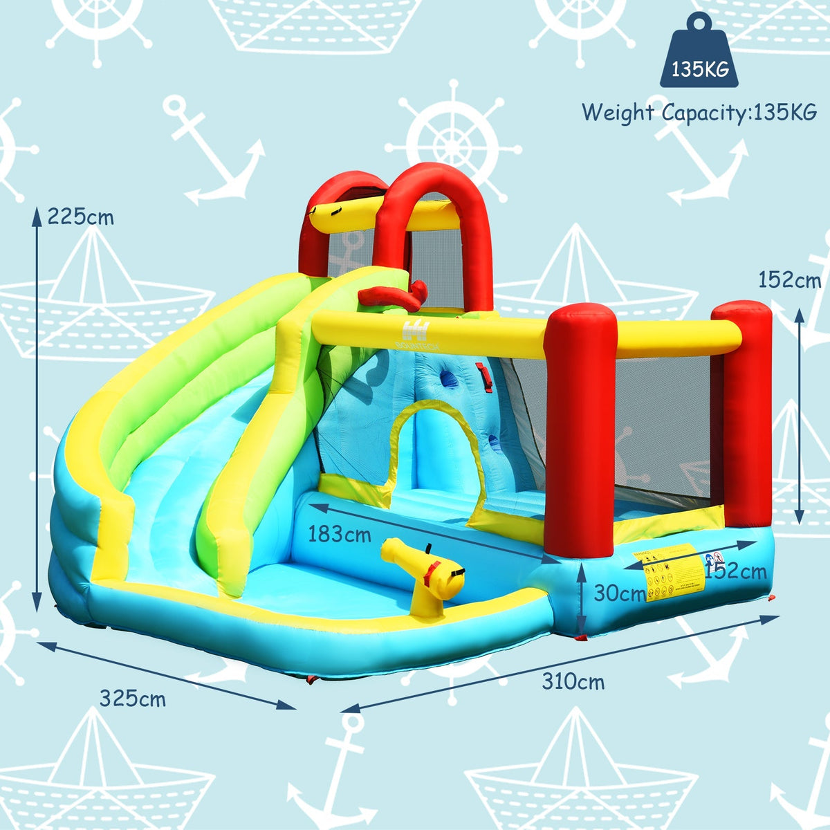 Casa hinchable inflable 6 en 1 con muro de escalada y canasta de baloncesto con soplador