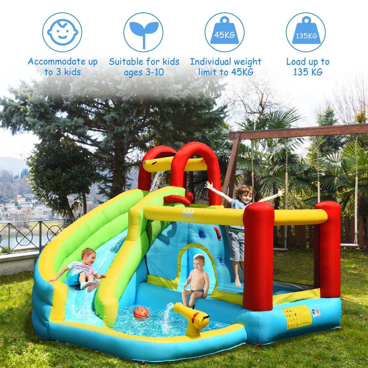 Casa hinchable inflable 6 en 1 con muro de escalada y canasta de baloncesto con soplador