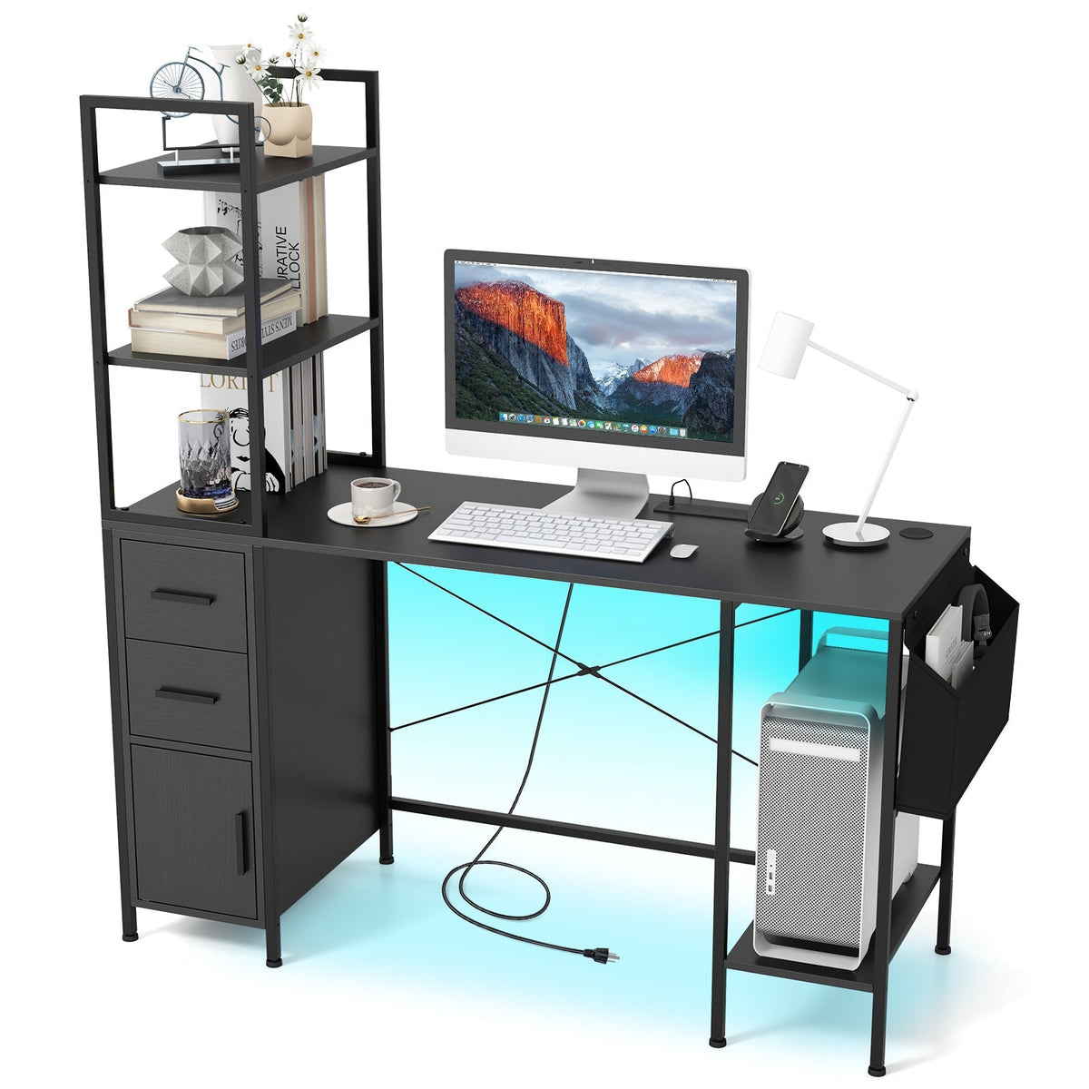 Office Desk with LED Lights and Power Outlets Computer Desk with Open Shelves-Black