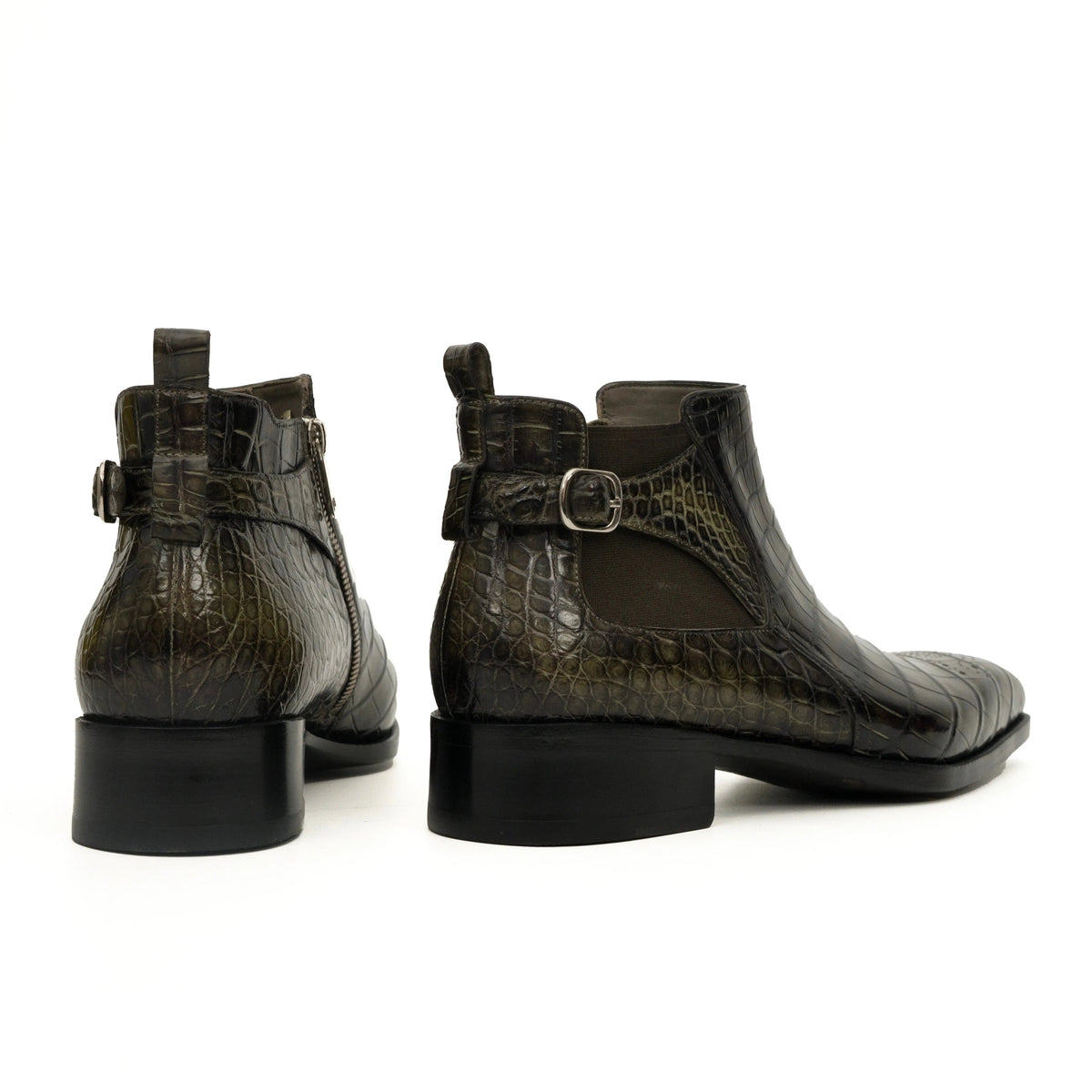 Dark Olive Green Crocodile Leather Chelsea Boots