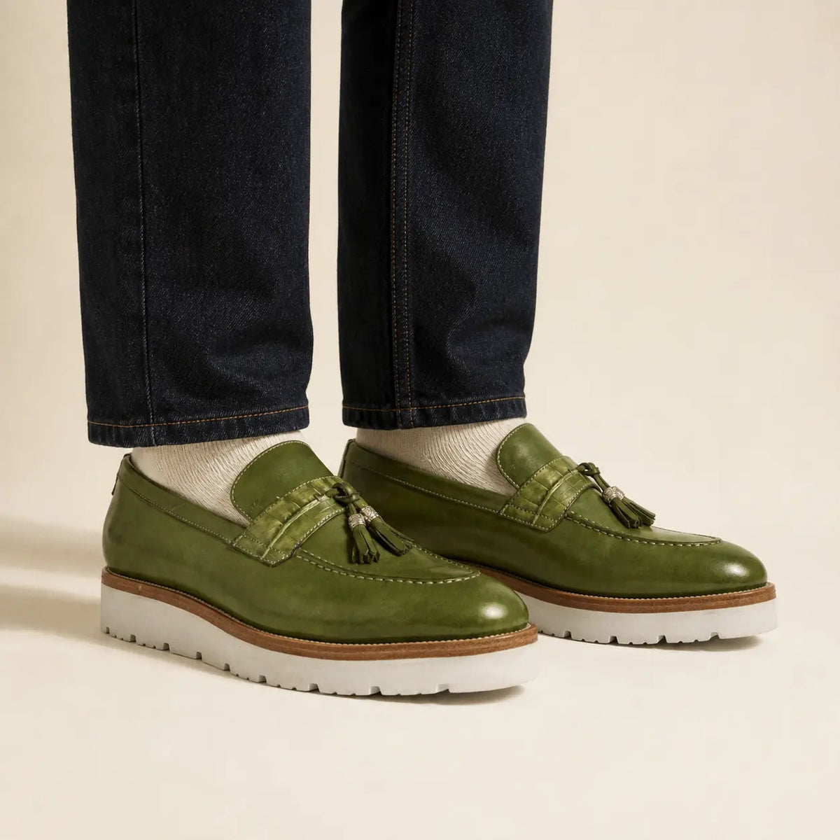 Green Calf & Crocodile Leather Tassel Loafers
