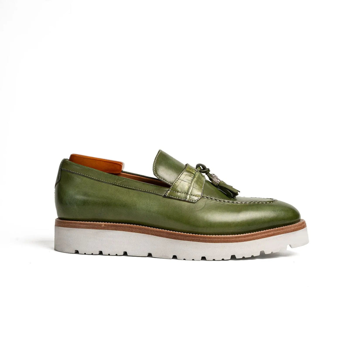 Green Calf & Crocodile Leather Tassel Loafers
