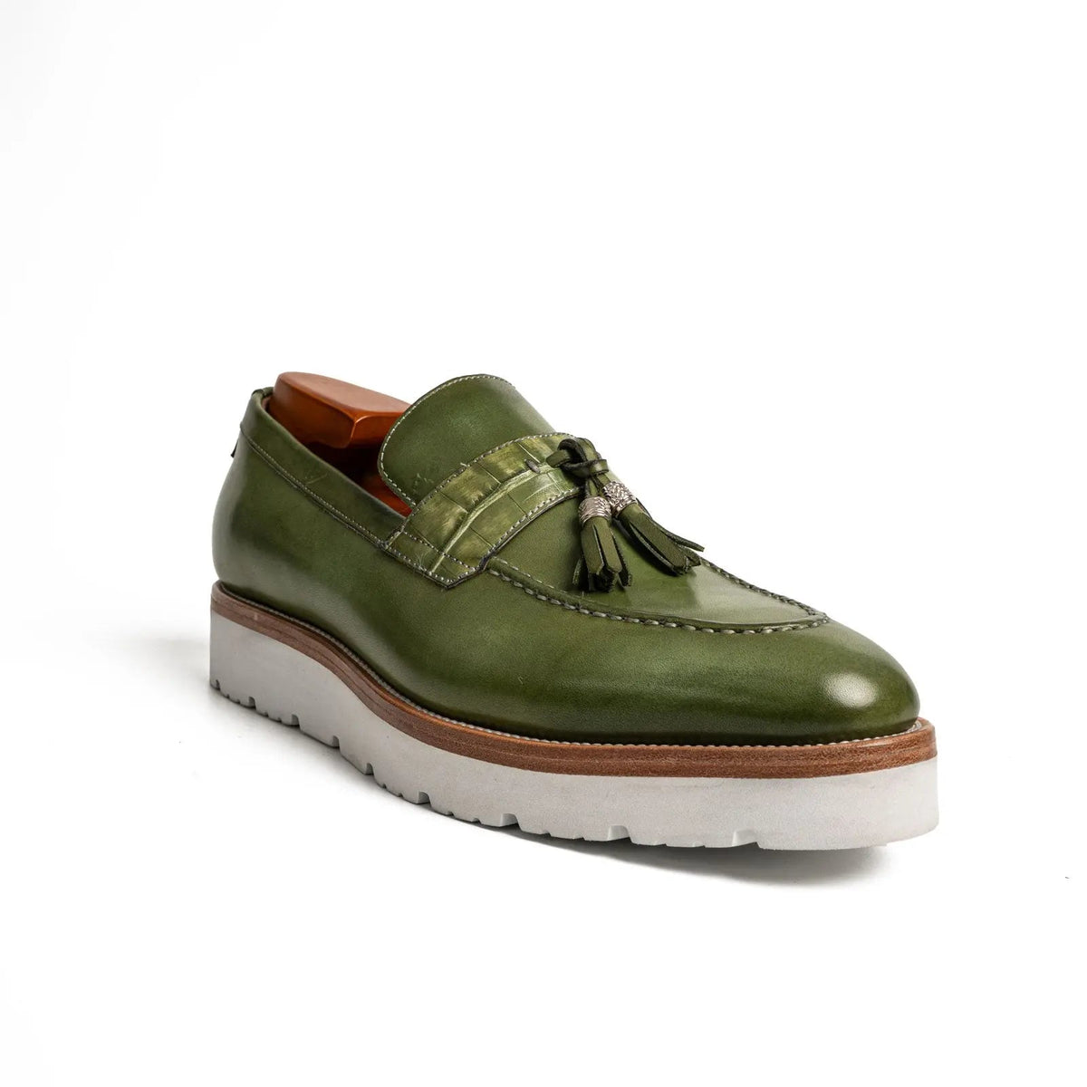 Green Calf & Crocodile Leather Tassel Loafers