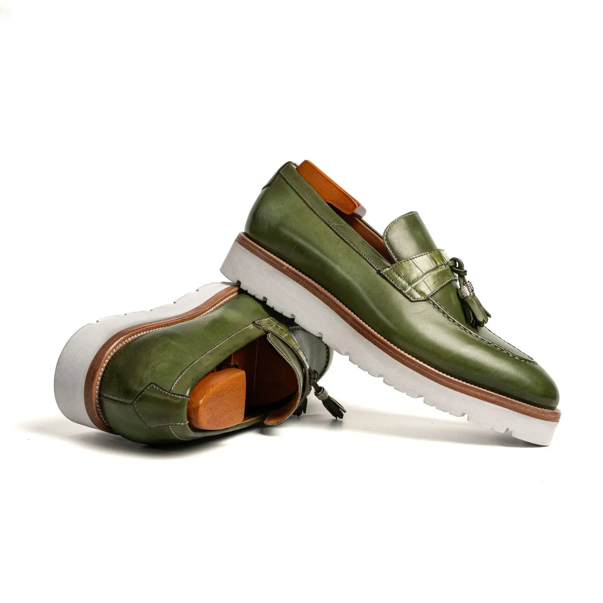 Green Calf & Crocodile Leather Tassel Loafers