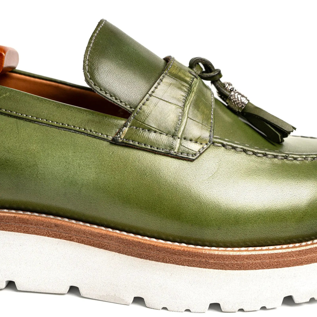 Green Calf & Crocodile Leather Tassel Loafers