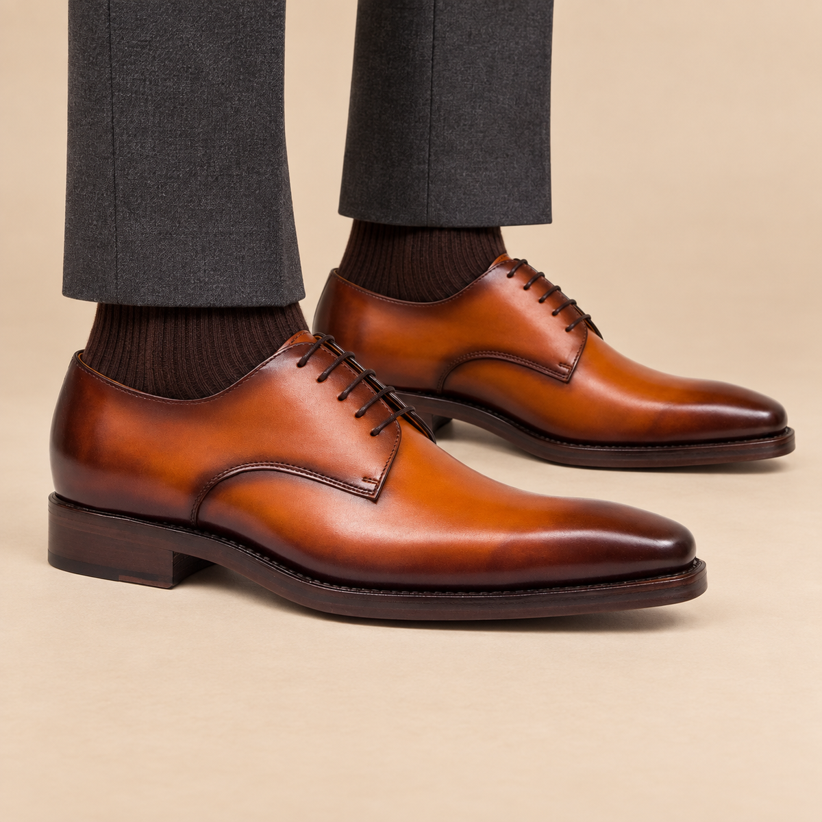 Orange-Brown Square-Toe Calf Leather Derby Shoes