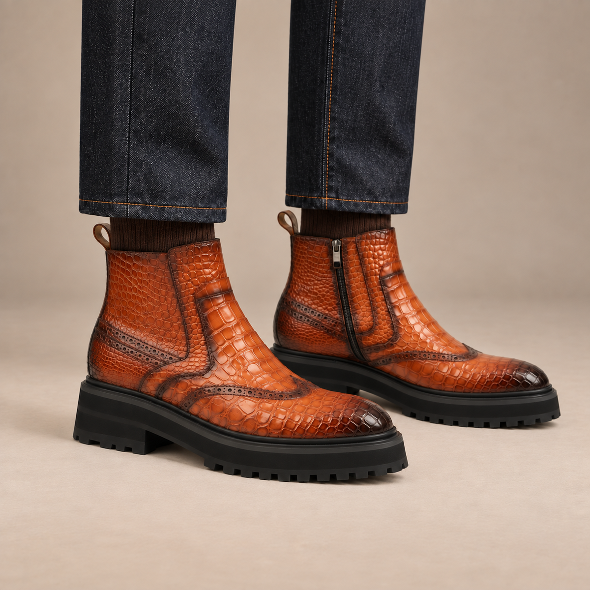 Orange-Brown Wingtip Crocodile Leather Chelsea Boots