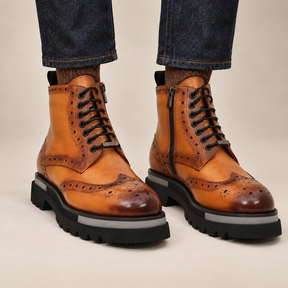 Orange Wingtip Cow Leather Ankle Boots