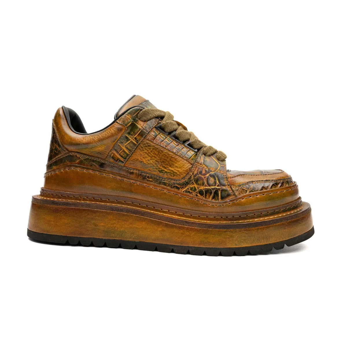 Brown Platform Ostrich Leg Leather Sneakers