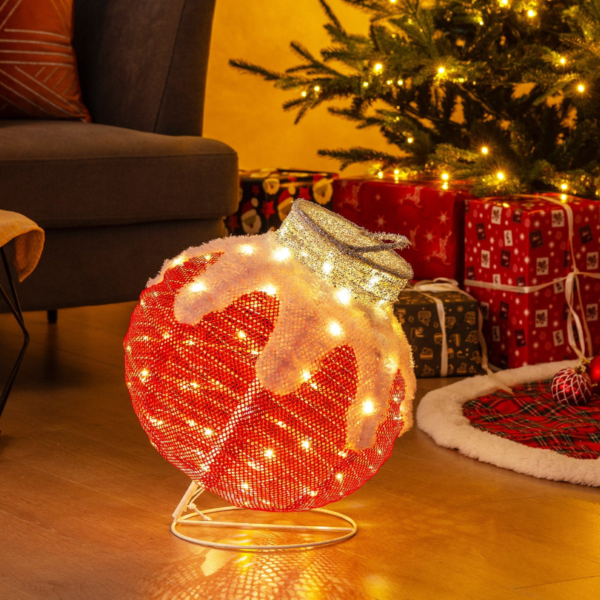 Outdoor Christmas Lantern Pop-Up Lighted Festive Ball with 80 LED Lights and Support Base