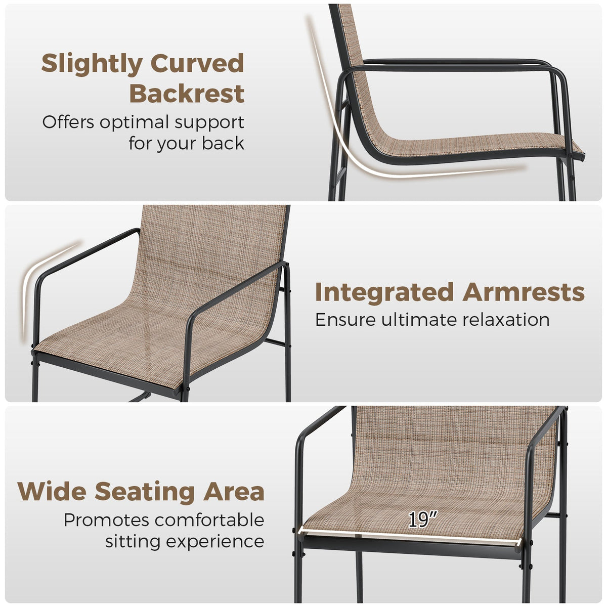 Outdoor Dining Chairs Set of 2 Patio Furniture Chair with Breathable Seat and Backrest-Brown