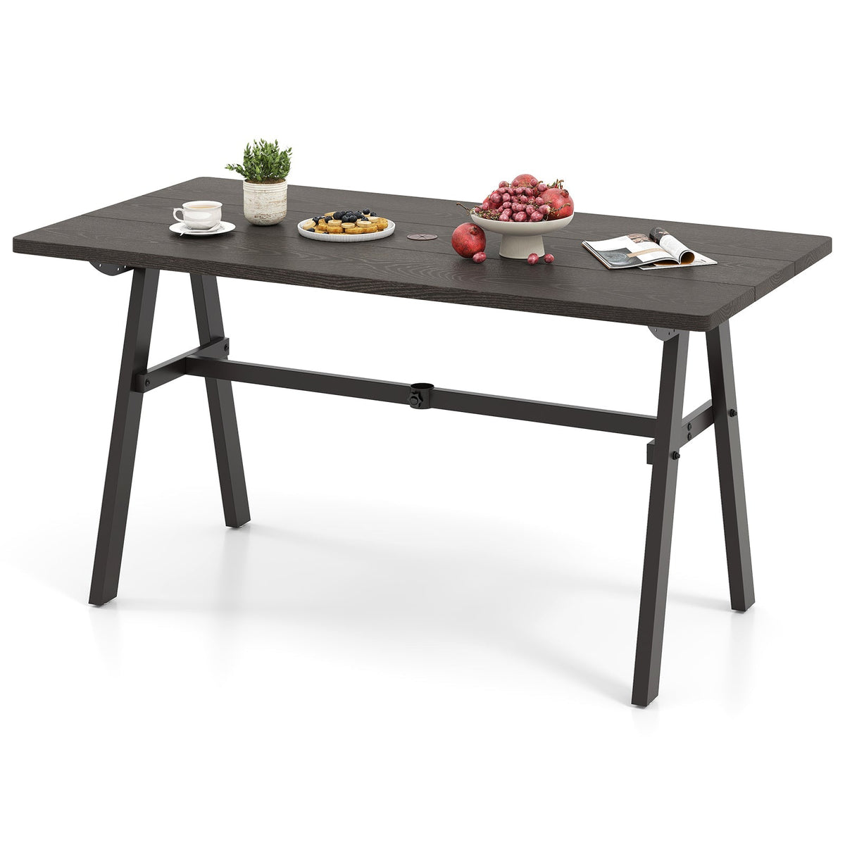 Mesa de comedor para 6 personas con orificio para sombrilla de 4.9 cm para jardín, color marrón oscuro