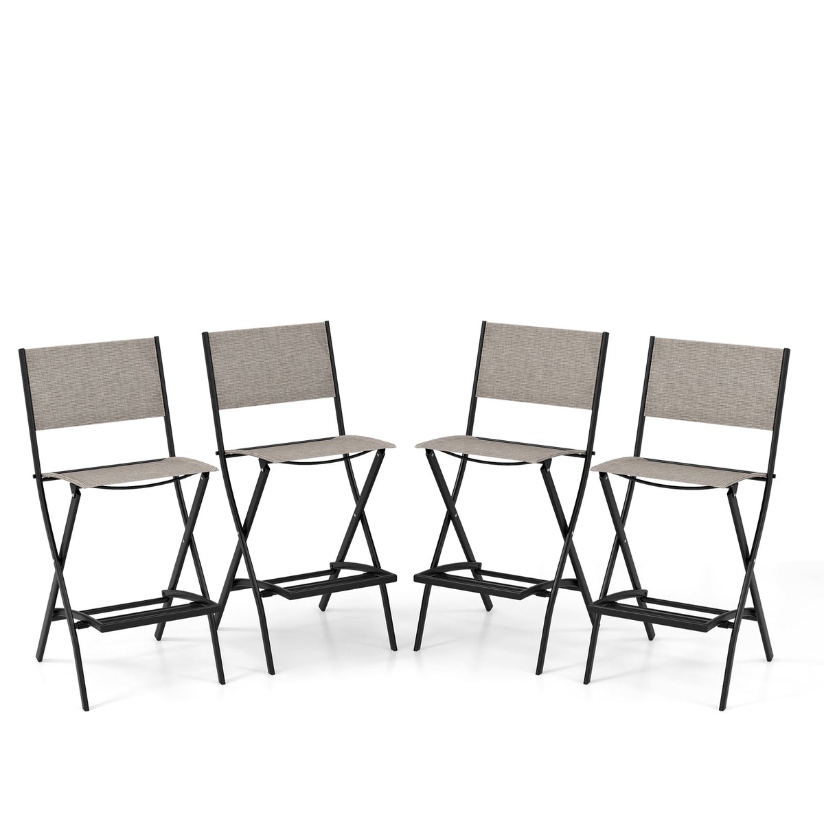 Juego de 4 taburetes plegables de altura de barra para exteriores con estructura de metal y reposapiés