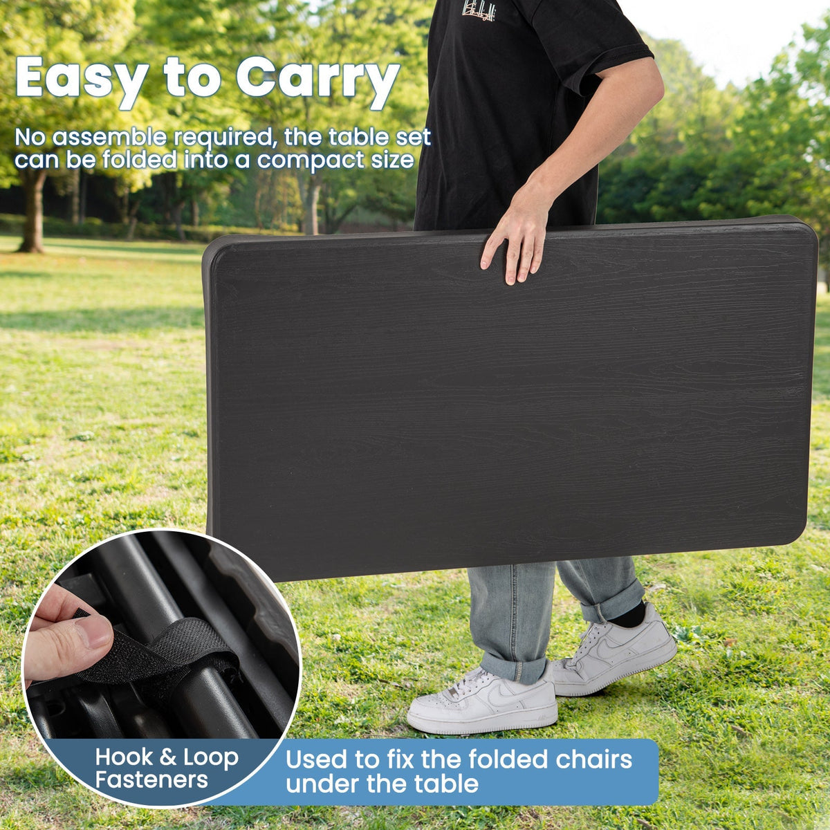 Outdoor Folding Table Bench Set w All-Weather HDPE Tabletop and Sturdy Metal Frame-Black