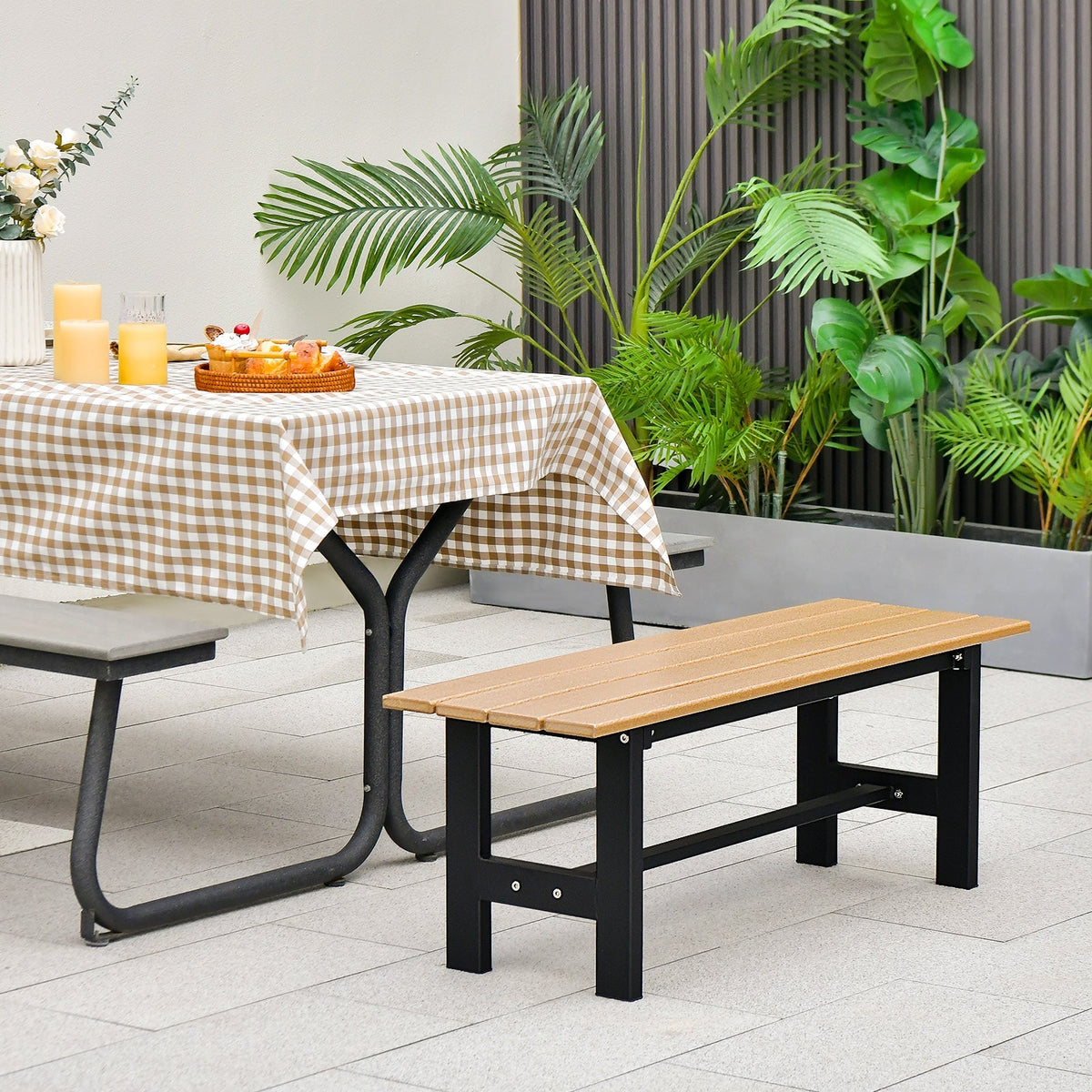 47 Inch Outdoor Chair with Slatted Seat Plastic Coated Iron Frame