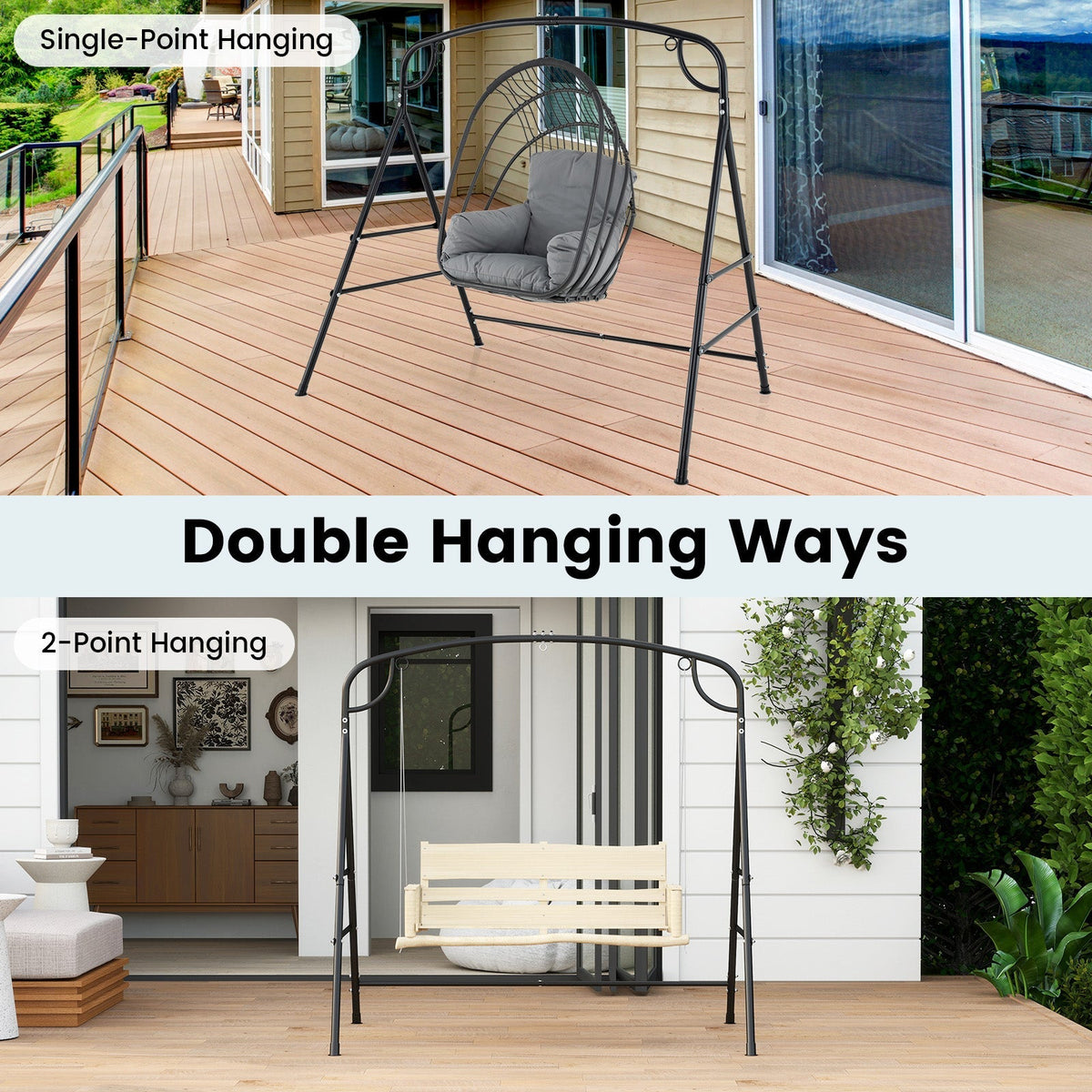 Soporte metálico para columpio de exterior con 4 barras de soporte y 2 formas de colgarlo - Negro