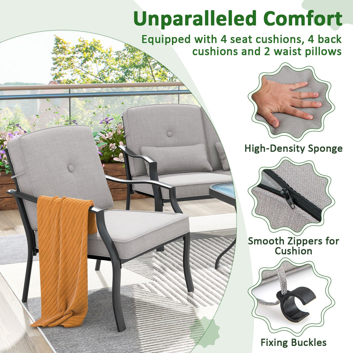 4 Pieces Outdoor Conversation Set with Seat Back Cushions and Waist Pillows