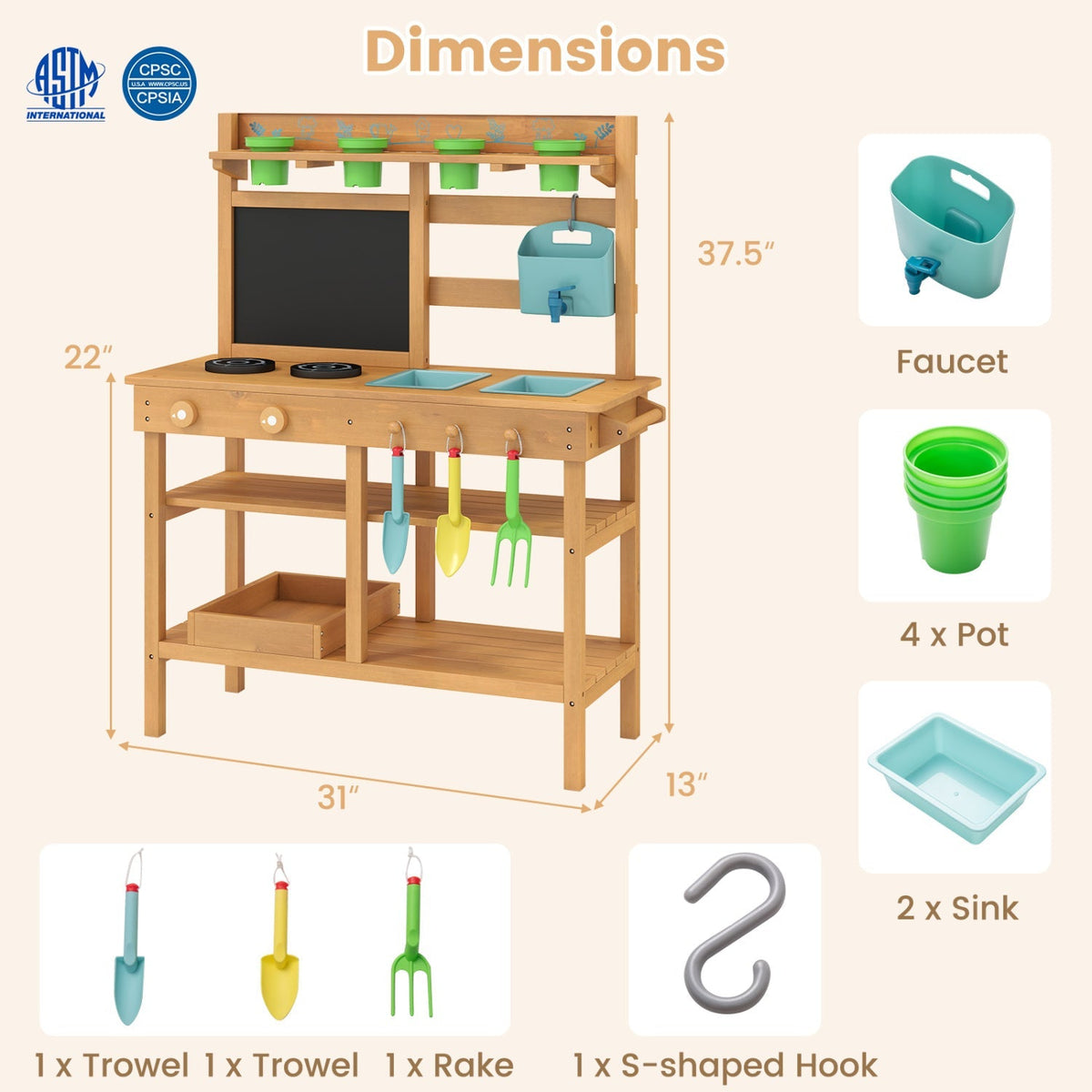 Outdoor Play Pretend Kitchen with Faucet and Removable Sinks for Children Aged 3+