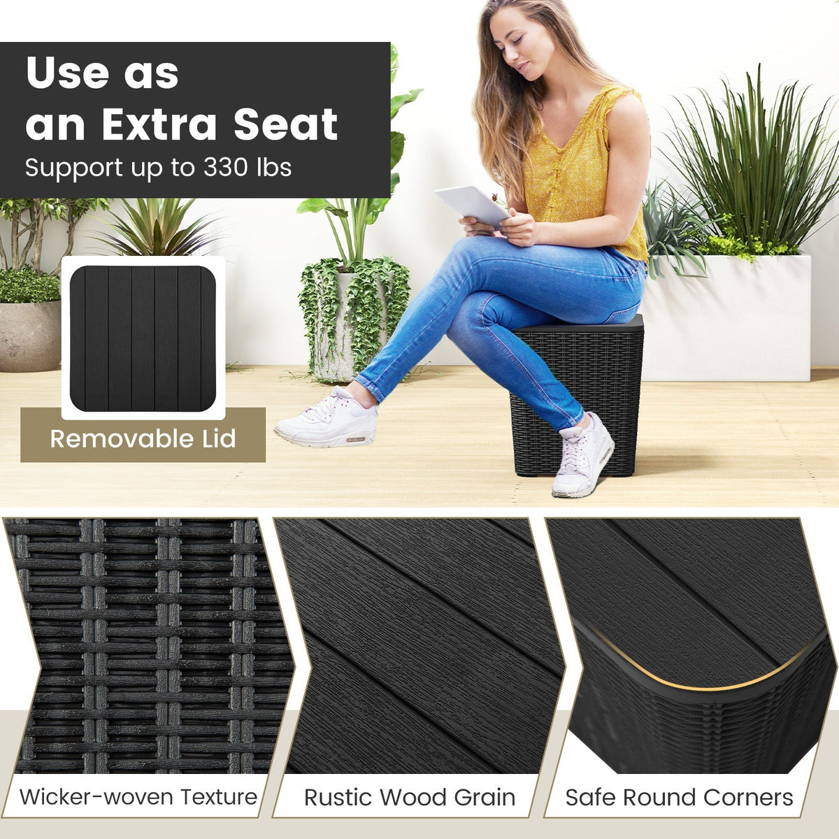 Mesa auxiliar de resina para exterior con tapa extraíble y detalles de mimbre tejido