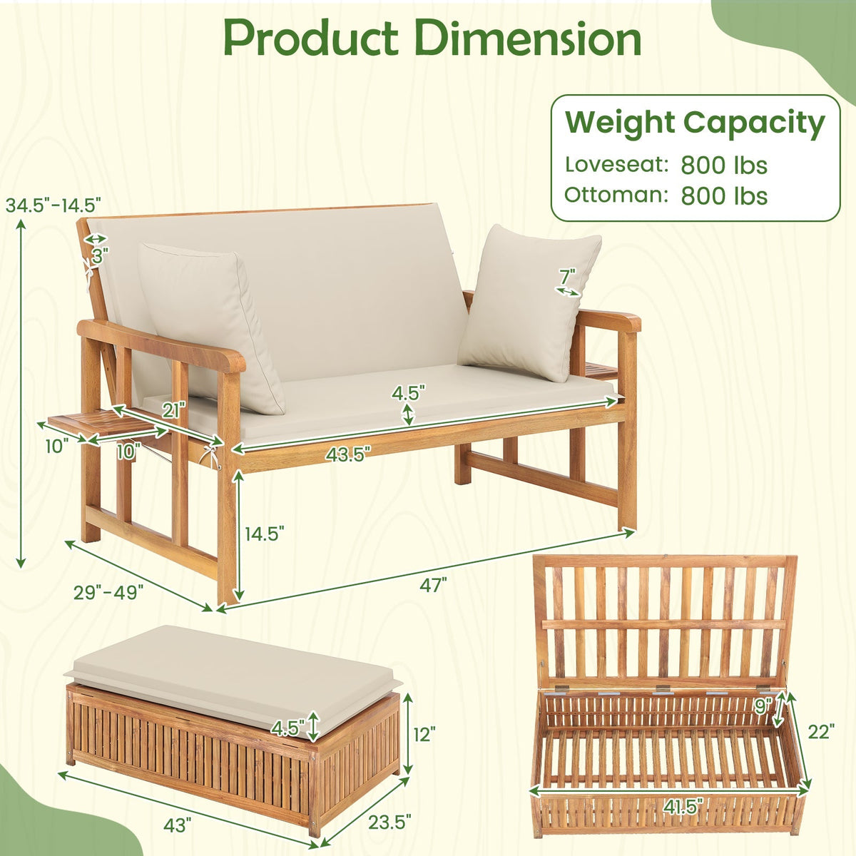 Outdoor Wooden Daybed with 4-Level Backrest and Removable Cushions-White