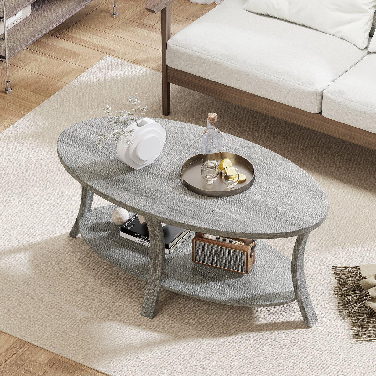 Oval Coffee Table 2-Tier Center Table with Storage Shelf-Gray