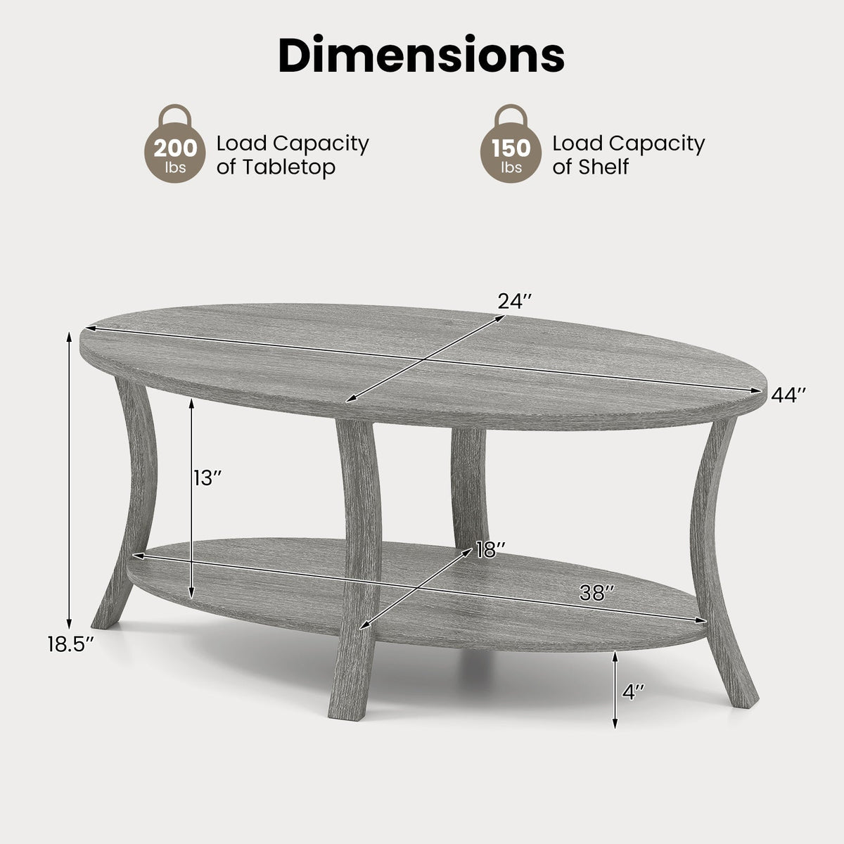 Oval Coffee Table 2-Tier Center Table with Storage Shelf-Gray