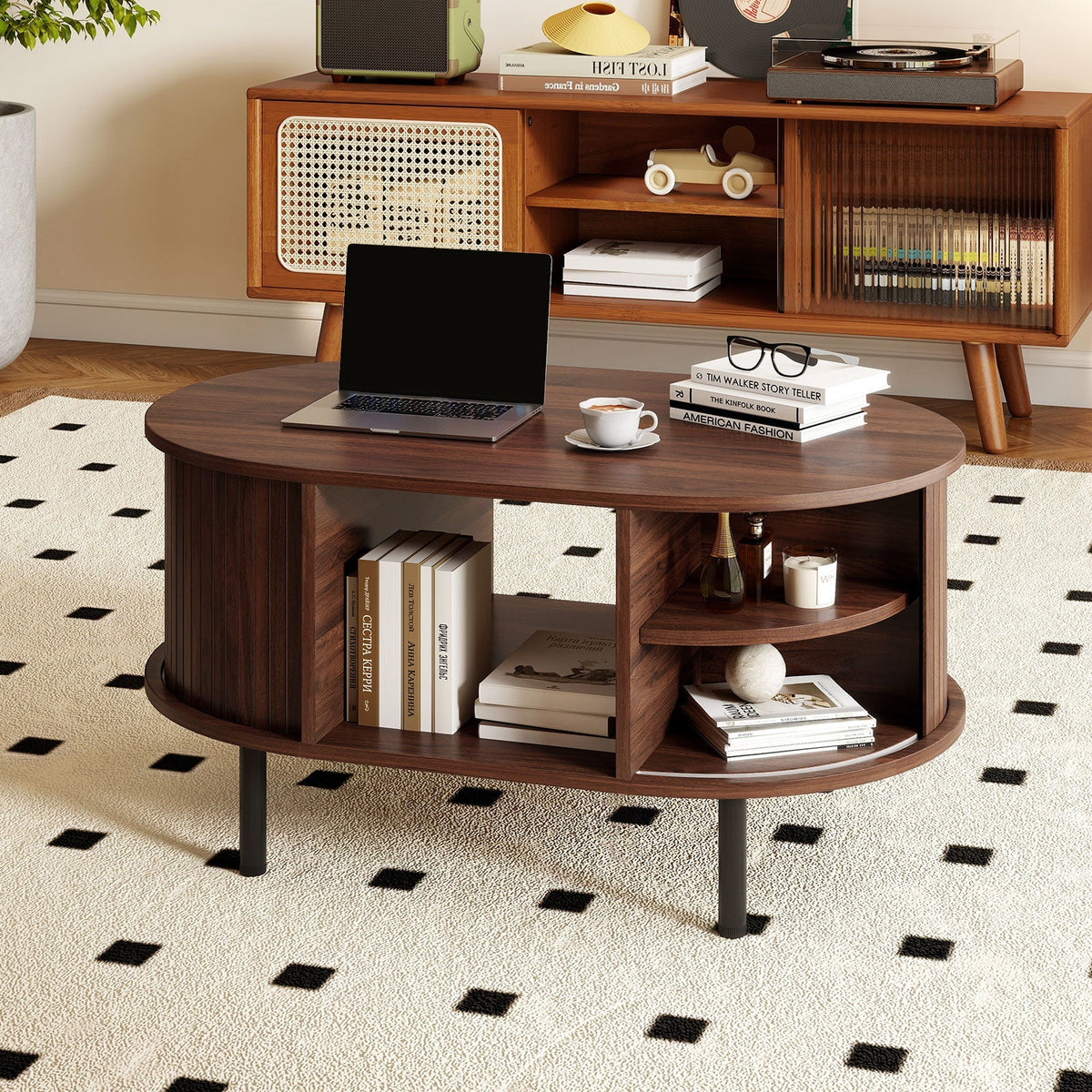 Oval Coffee Table with Open Compartment and Sector Shelves-Walnut