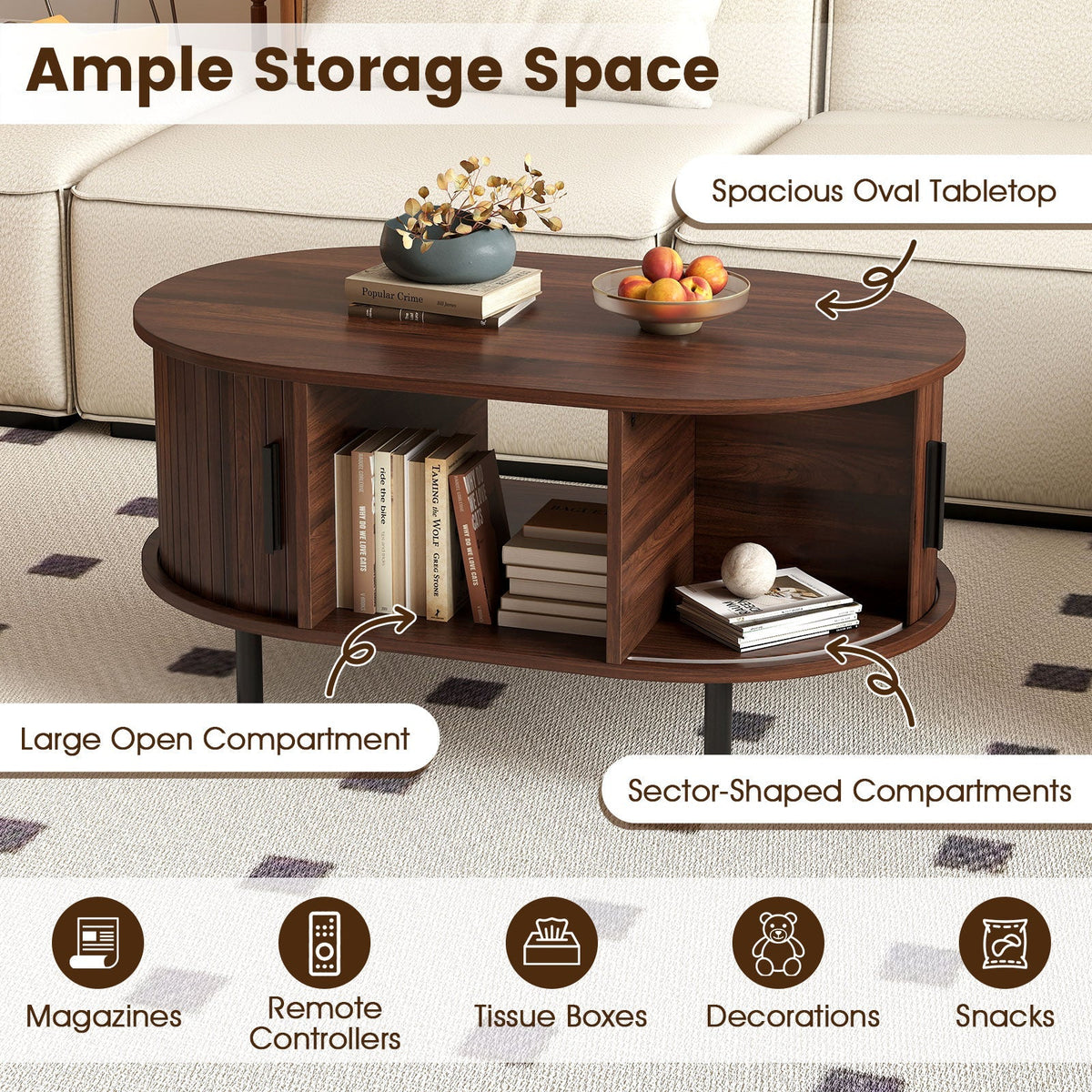 Oval Coffee Table with Open Compartment and Sector Shelves-Walnut