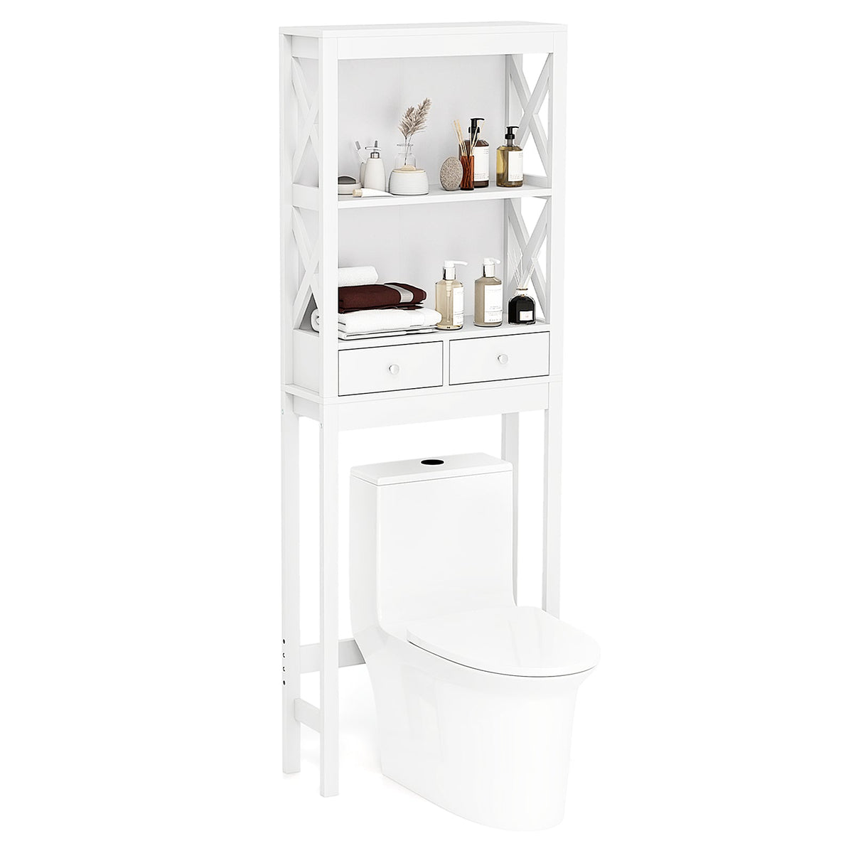 Over the Toilet Storage Rack Tall with Drawers Shelves and Adjustable Bottom Bar