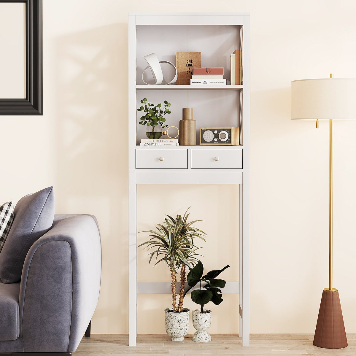 Over the Toilet Storage Rack Tall with Drawers Shelves and Adjustable Bottom Bar