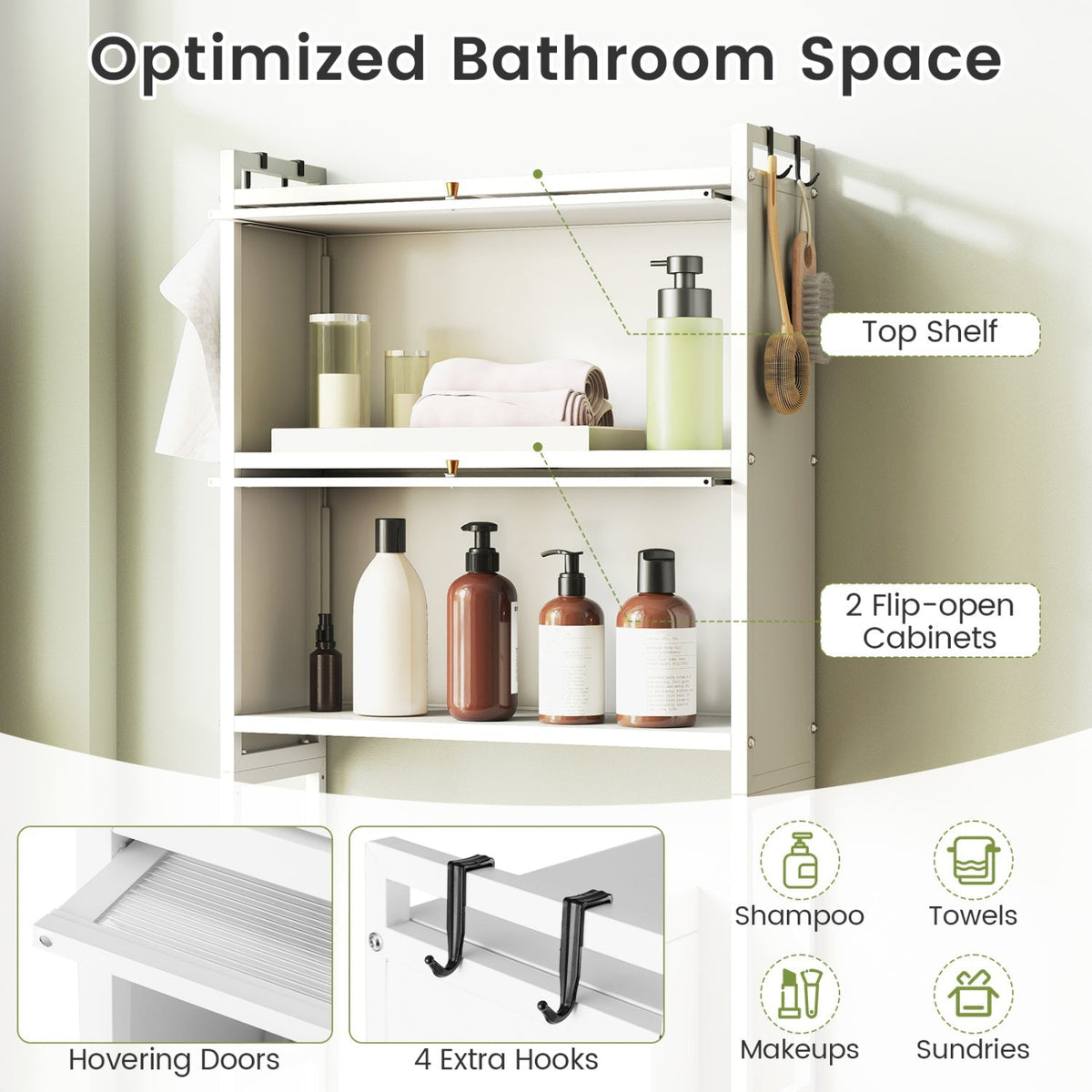 Over-the-toilet Cabinet Bathroom Organizer with 2 Flip-up Cabinets