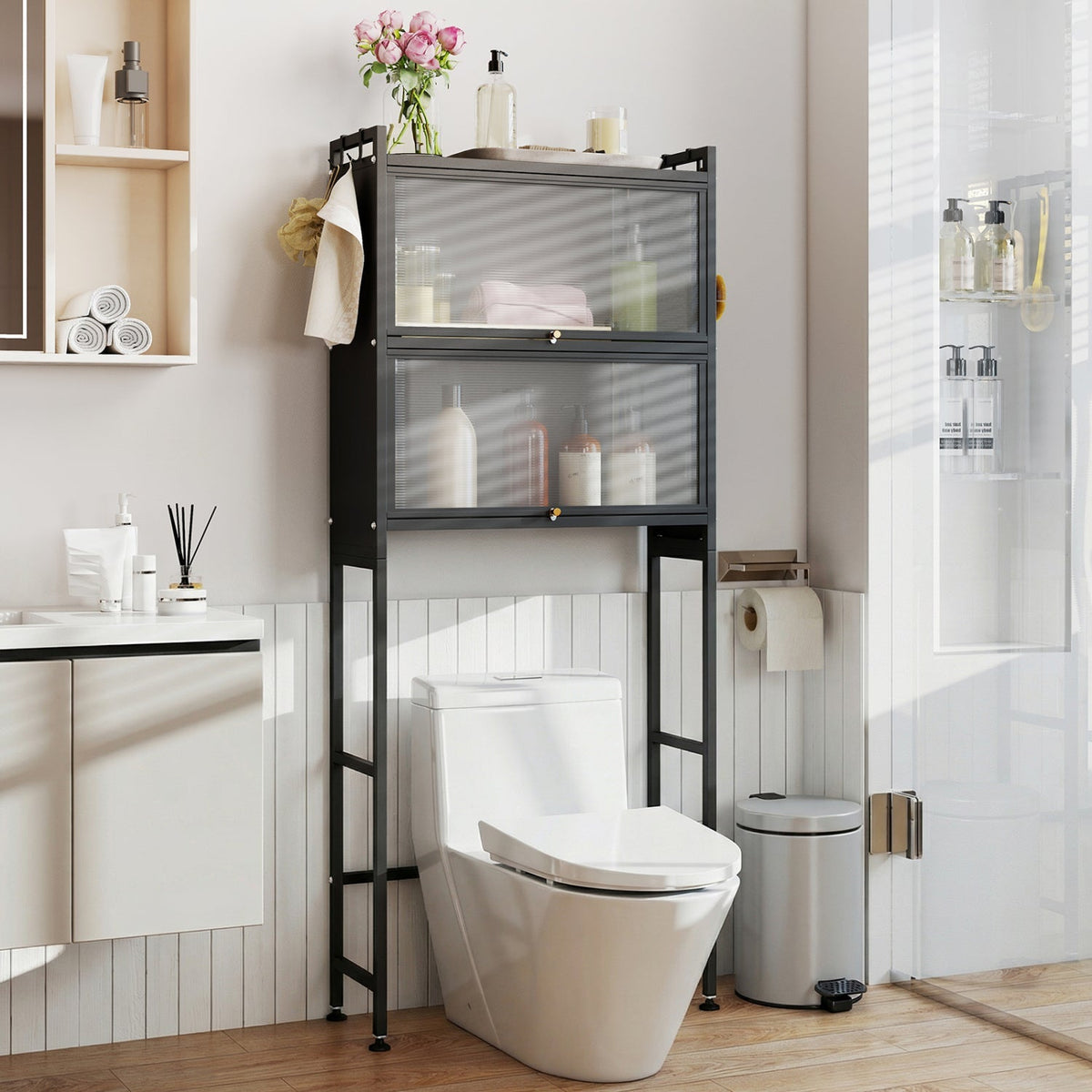 Over-the-toilet Cabinet Bathroom Organizer with 2 Flip-up Cabinets