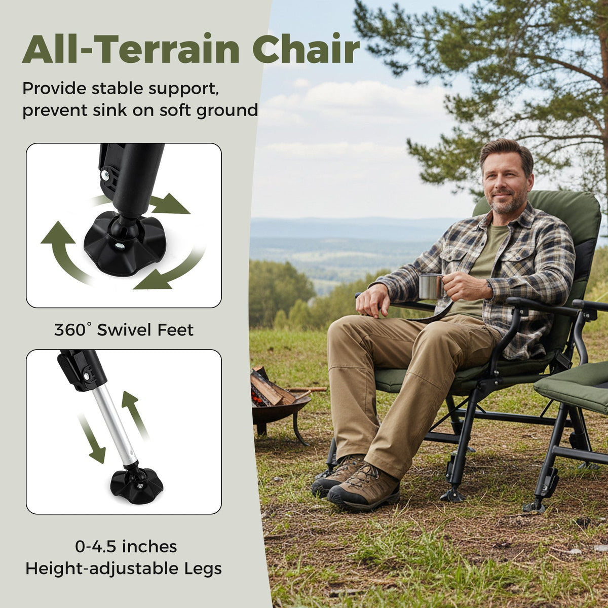 Sillón de Pesca Plegable de Tamaño Grande para Adultos con Reposabrazos - Verde