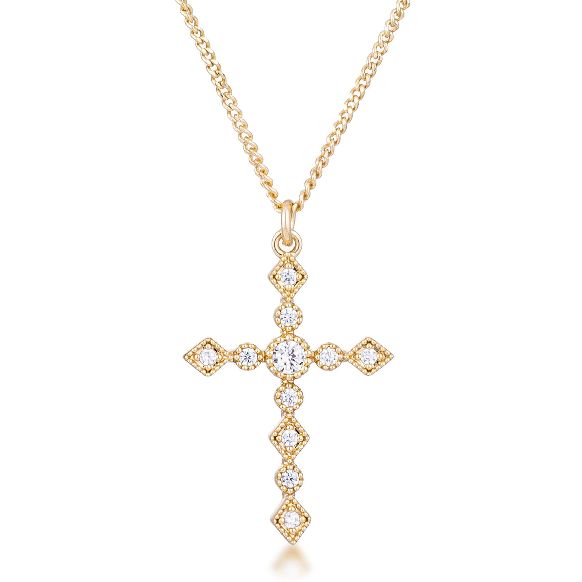 Avera Dainty Art Deco Plated CZ Cross Pendant - Pink Stone