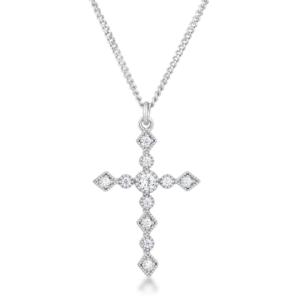 Avera Dainty Art Deco Plated CZ Cross Pendant - Pink Stone