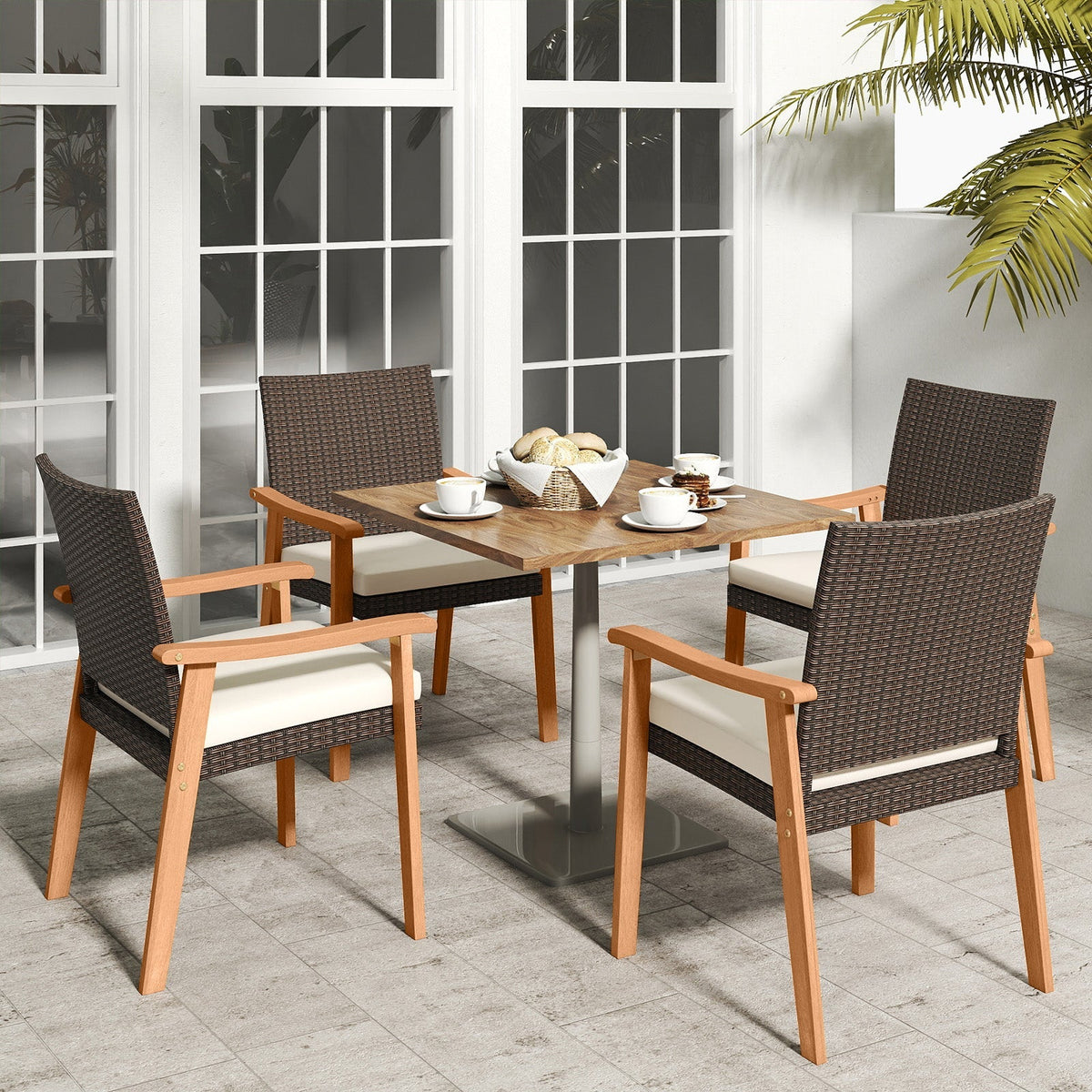 PE Rattan Outdoor Patio Dining Chair Set of 4 with Removable Cushion and Acacia Wood Armrests-White