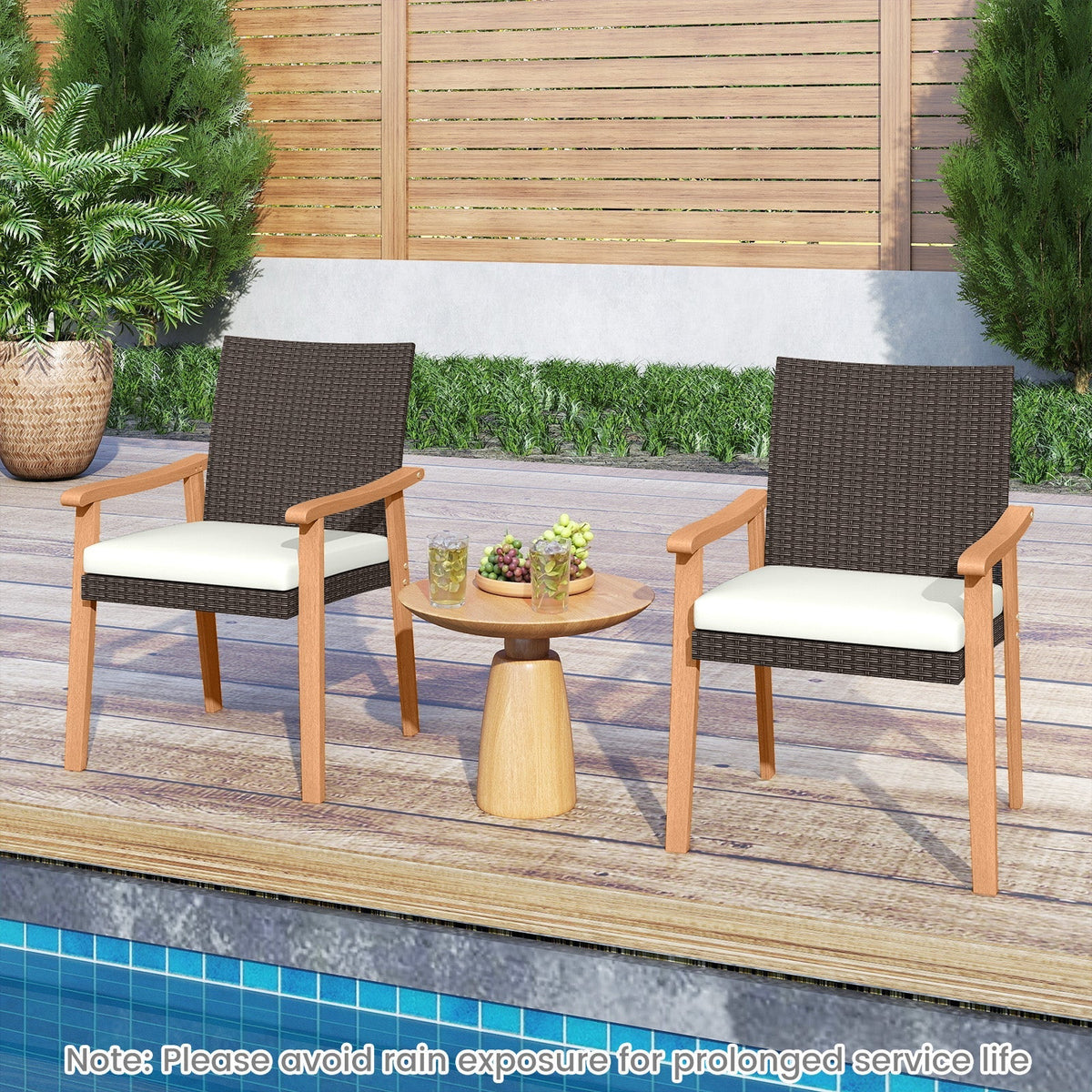 PE Rattan Outdoor Patio Dining Chair Set of 4 with Removable Cushion and Acacia Wood Armrests-White