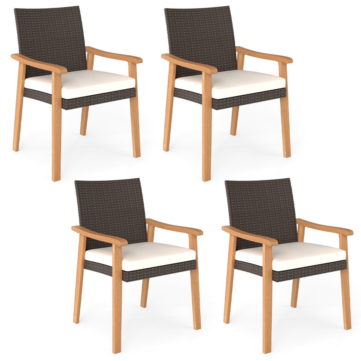PE Rattan Outdoor Patio Dining Chair Set of 4 with Removable Cushion and Acacia Wood Armrests-White