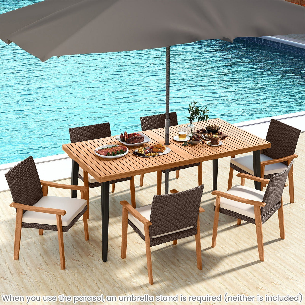 PE Rattan Outdoor Patio Dining Chair Set of 4 with Removable Cushion and Acacia Wood Armrests-White