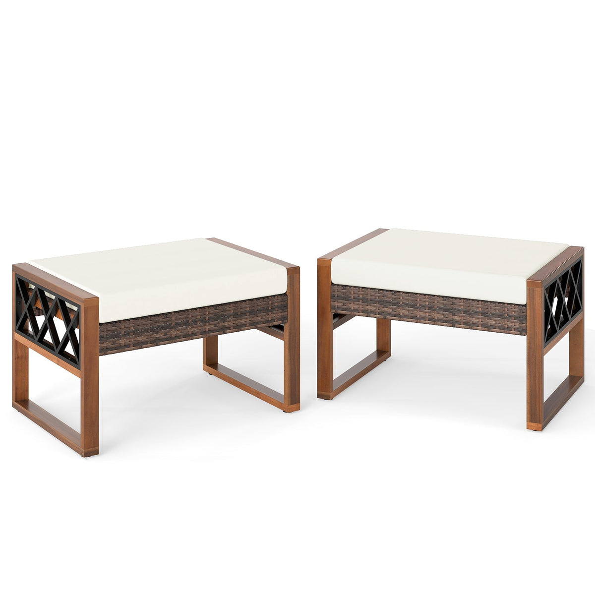 PE Rattan Wicker Ottomans Set of 2 with Removable Cushions-Beige