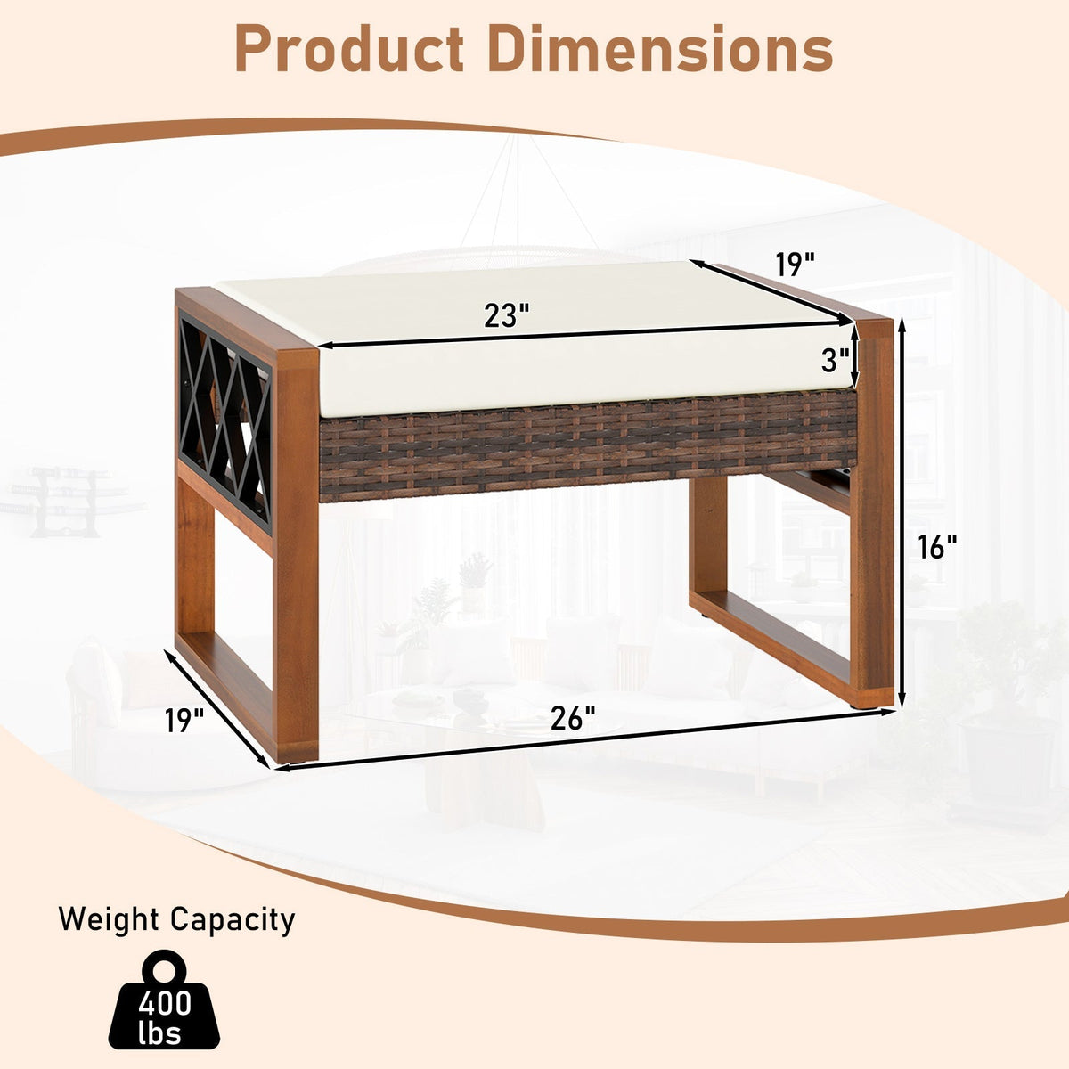 PE Rattan Wicker Ottomans Set of 2 with Removable Cushions-Beige