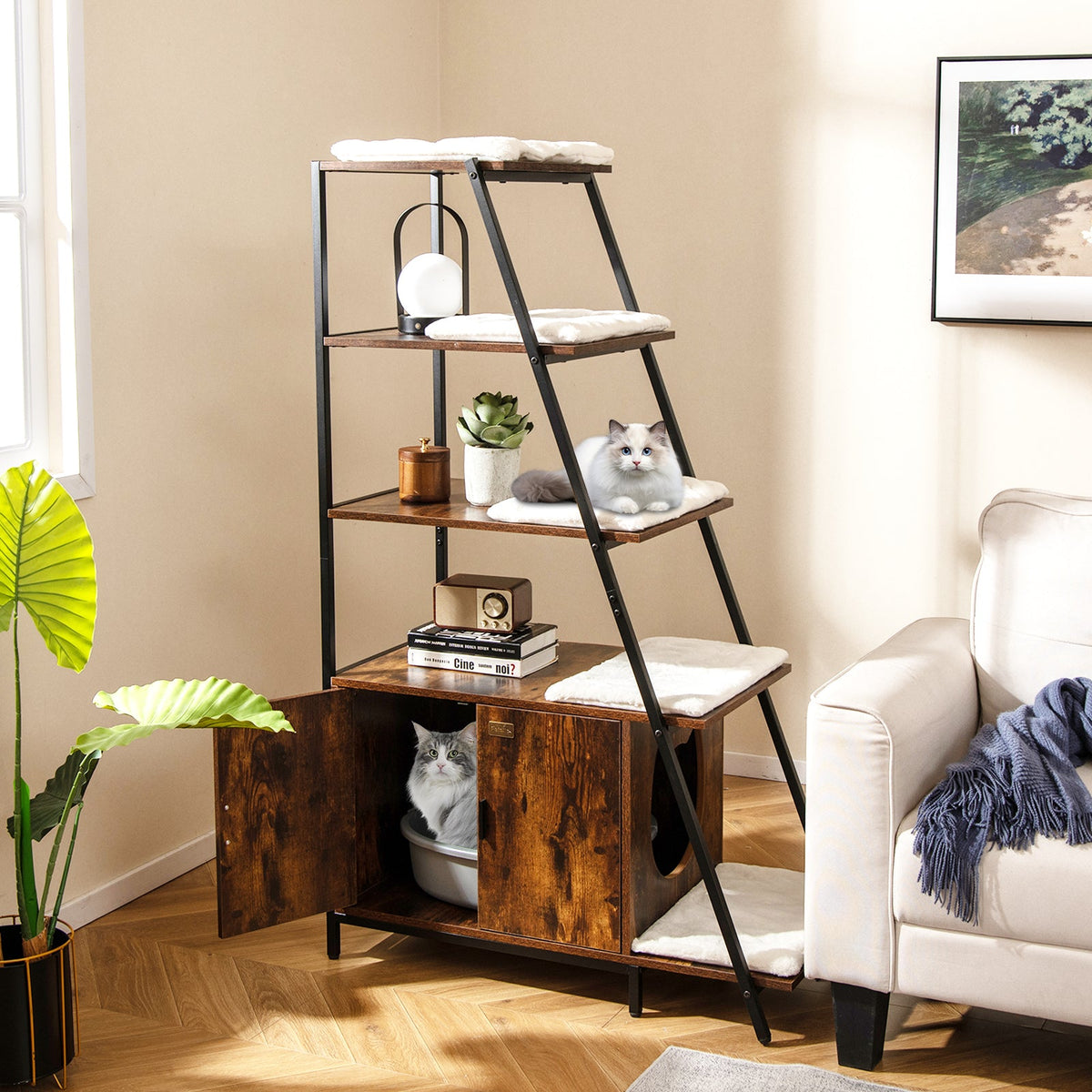 Large Cat Litter Box Enclosure with Storage and Ladder Shelf